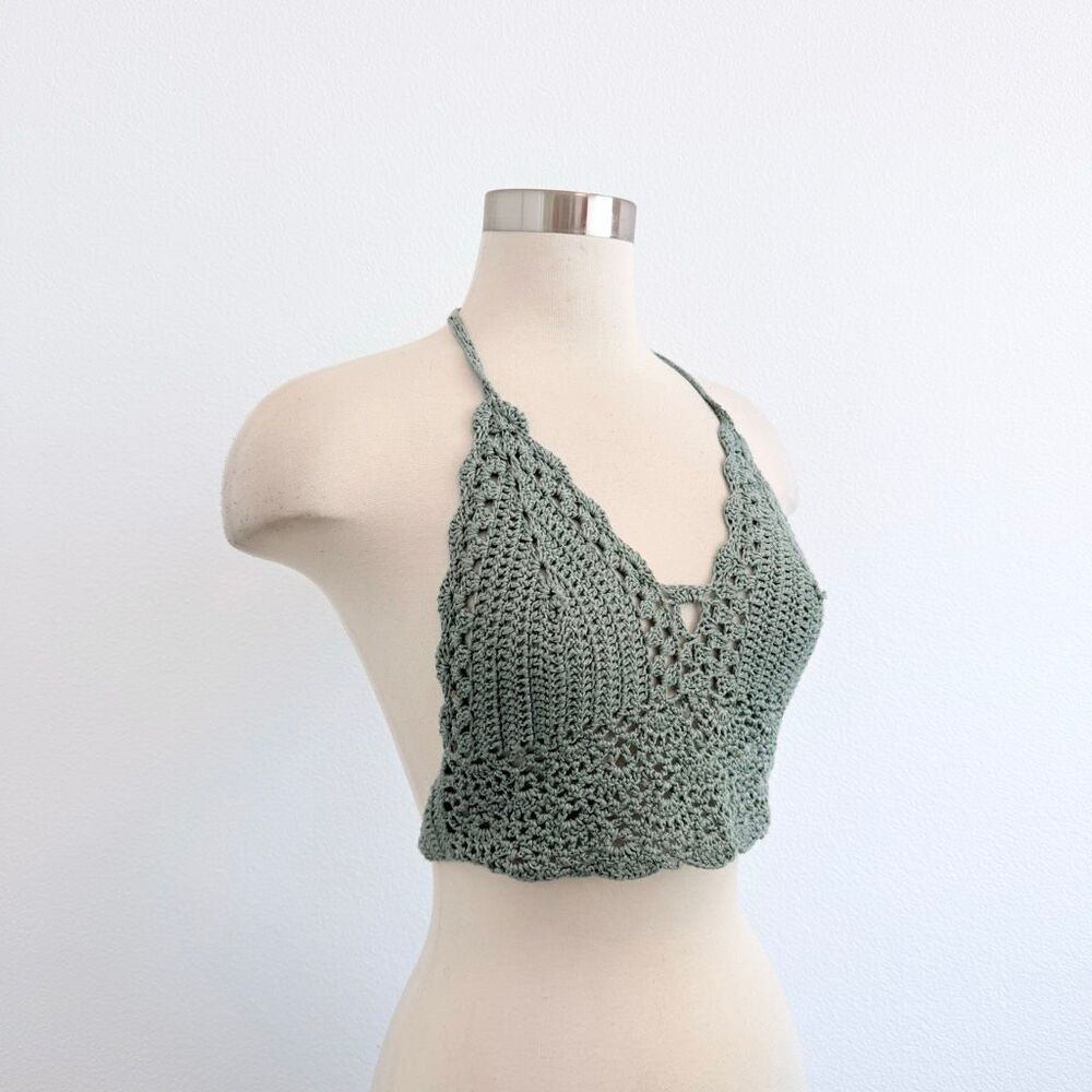 Handmade Green Teal Crochet Halter Top Crop Small Knit Boho